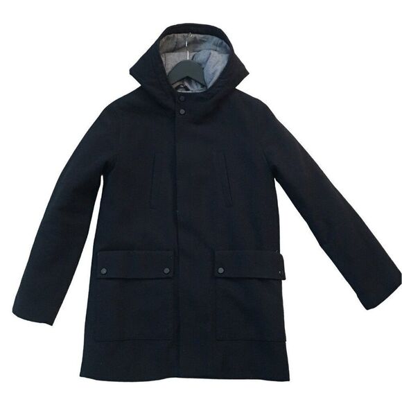 Zara Boys Hooded Coat Size 11/12 Black Wool Blend Zip Pockets Snap Closure - Picture 1 of 7